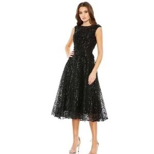 NWT Mac Duggal 20398 Sequin Cap Sleeve Fit &‎ Flare Midi Dress Black